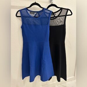 Sleeveless Mesh-Yoke Fit & Flare Dresses - Royal Blue and Black - Set of 2